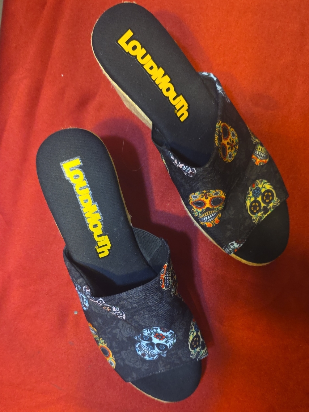 Loudmouth Black Slide Sandals with Colorful Sugar Skull Print